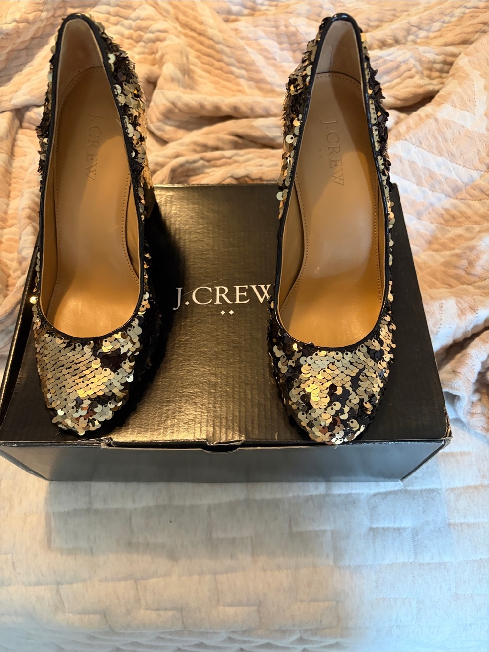 J. Crew Factory Black and Gold Sequin Pointed Pumps